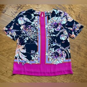 Adrianna Papell Floral Print Blouse Top Pink Black Stripe Short Sleeve Size S